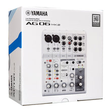Load image into Gallery viewer, Yamaha AG06 MK2 Live Streaming Mixer retail packaging box, showing the product name, model number, QR code, and a printed front view of the mixer on a white background.