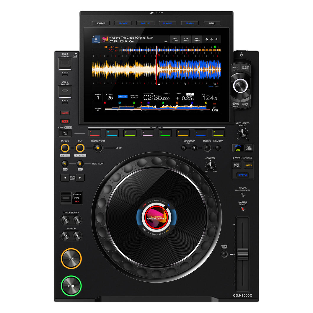 Top view of AlphaTheta Pioneer CDJ-3000X professional DJ media player, showing large 9-inch touchscreen display with waveforms, jog wheel, cue and play buttons, and full performance controls for club DJs