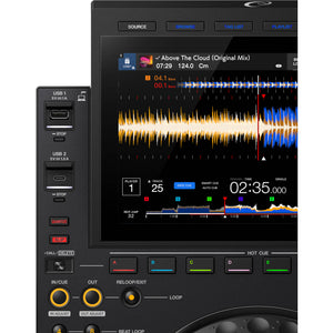 Closeup view of AlphaTheta Pioneer CDJ-3000X professional DJ media player, showing partial touchscreen on the left side USB-A and USB-C Input HOT CUE  A B C D E
