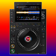 Load image into Gallery viewer, Top view of AlphaTheta Pioneer CDJ-3000X professional DJ media player, showing large 9-inch touchscreen display with waveforms, jog wheel, cue and play buttons, and full performance controls on multi colored gradient background