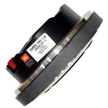 Load image into Gallery viewer, side view of the JBL D405 TRIO-X 160W RMS 8 Ohm speaker driver, featuring a black plastic housing, a white product label, and a red terminal connector, shown on a white background.