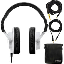 Load image into Gallery viewer, Yamaha over-ear wired headphones shown from the front and side, with a black coiled audio cable and a black carrying pouch on a white background.