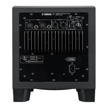 Load image into Gallery viewer, The rear view of a Yamaha studio powered subwoofer system model HS8S, showing the input and output jacks, power supply, and cooling fins on a white background.