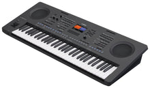 Load image into Gallery viewer, A black Yamaha electronic keyboard with 61 white and black keys, a control panel with knobs and buttons, and two circular speaker grill on a white background.