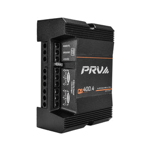 QS400.4 Photo Showing Remote Ground +12VDCPower Input 4 channels Bridge Made in Brazil Standing Upright with White Background