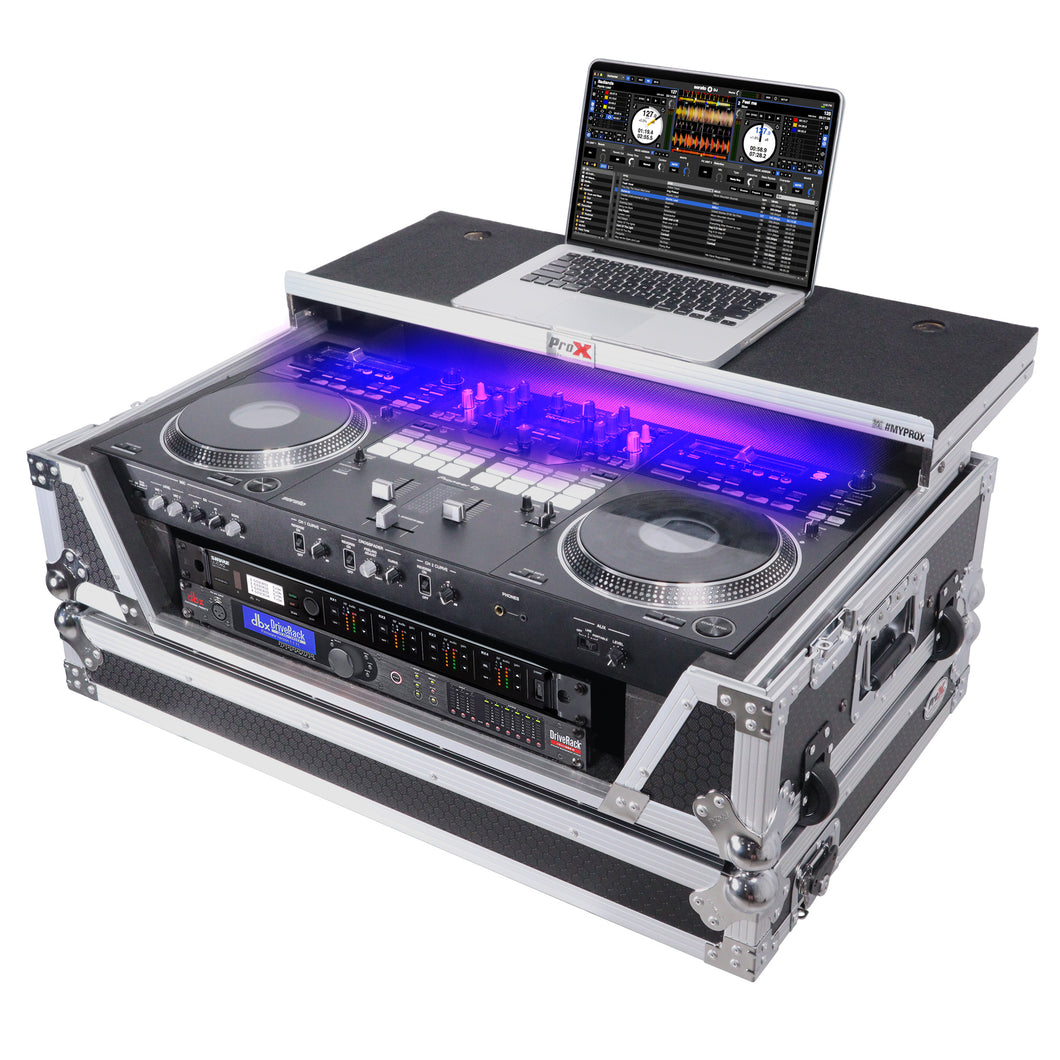 ProX Flight Case for Pioneer DDJ-REV7 & DDJ-1000 SRT DJ Controller w/ 2U Rack Space Laptop Shelf Wheels LED Kit XS-REV71K2UWLT LED