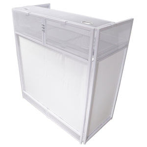 VISTA DJ Booth Facade Table Station with White / Black Scrim kit and Padded Travel Bag | White Hardware