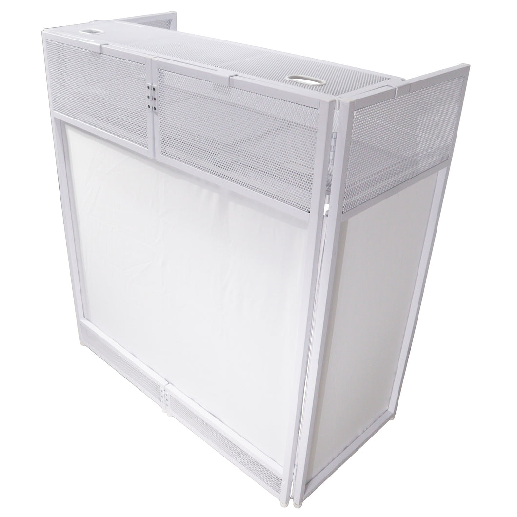 VISTA DJ Booth Facade Table Station with White / Black Scrim kit and Padded Travel Bag | White Hardware