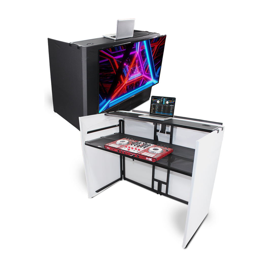 MESA MEDIA MK2 DJ Facade Table Workstation Includes TV Bracket Mount White & Black Scrims and Carry Bag
