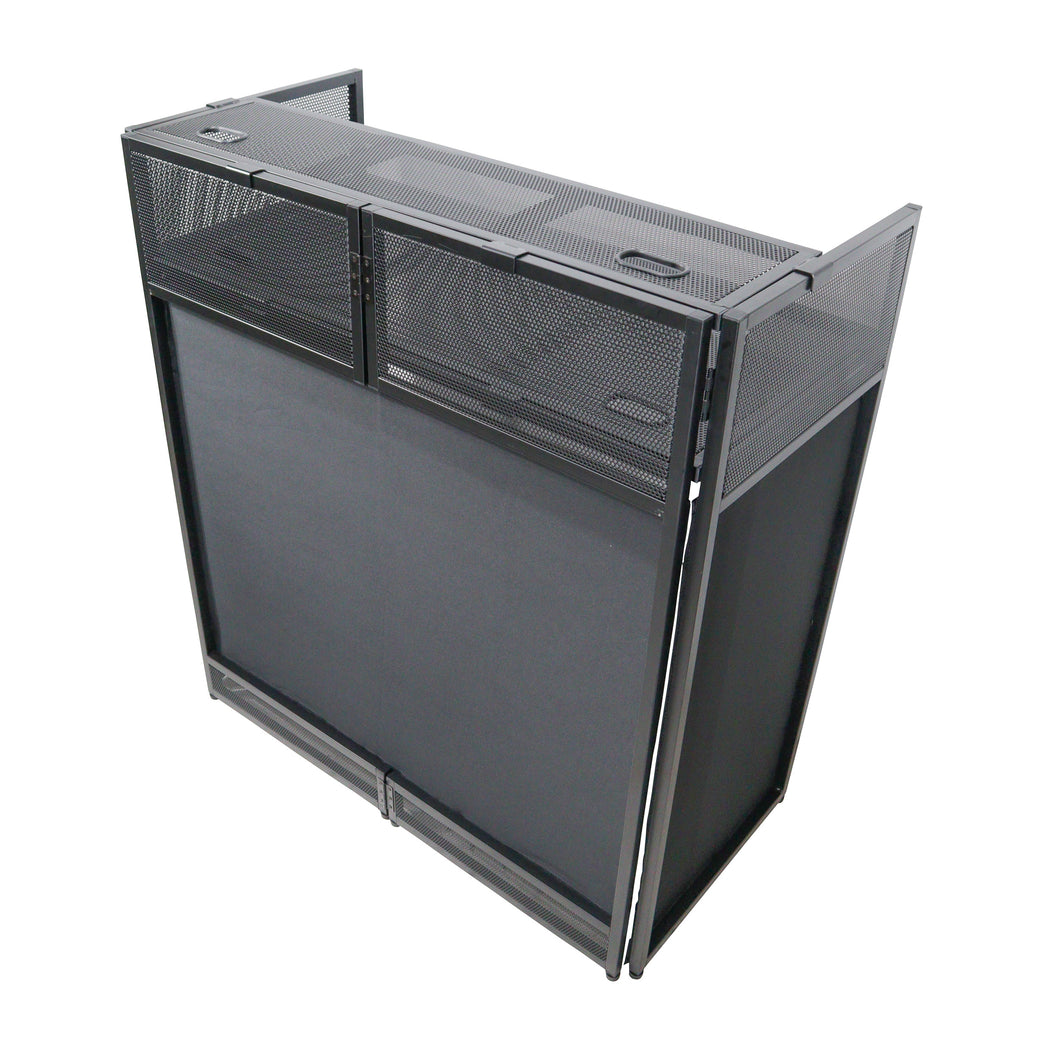 VISTA DJ Booth Facade Table Station with White / Black Scrim kit and Padded Travel Bag | Black Hardware