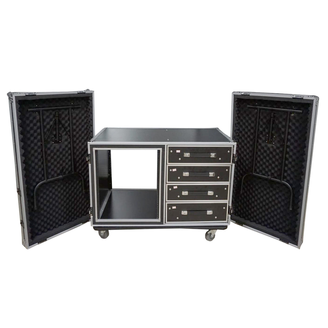 12U Shockproof Workstation Case W-Dual Side Table and Drawers | 24 In Rail to Rail