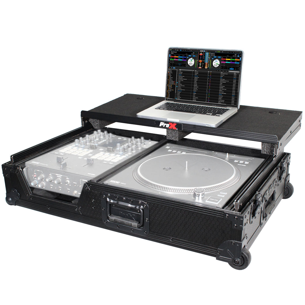 Single Turntable and Mixer Flight Case W-Sliding Laptop Shelf and Low Profile Wheels | Black on Black